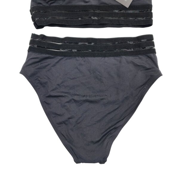 Tempt Me Womens Black High Waist Bikini Set Mesh Panel Striped Details Size S - Picture 6 of 7